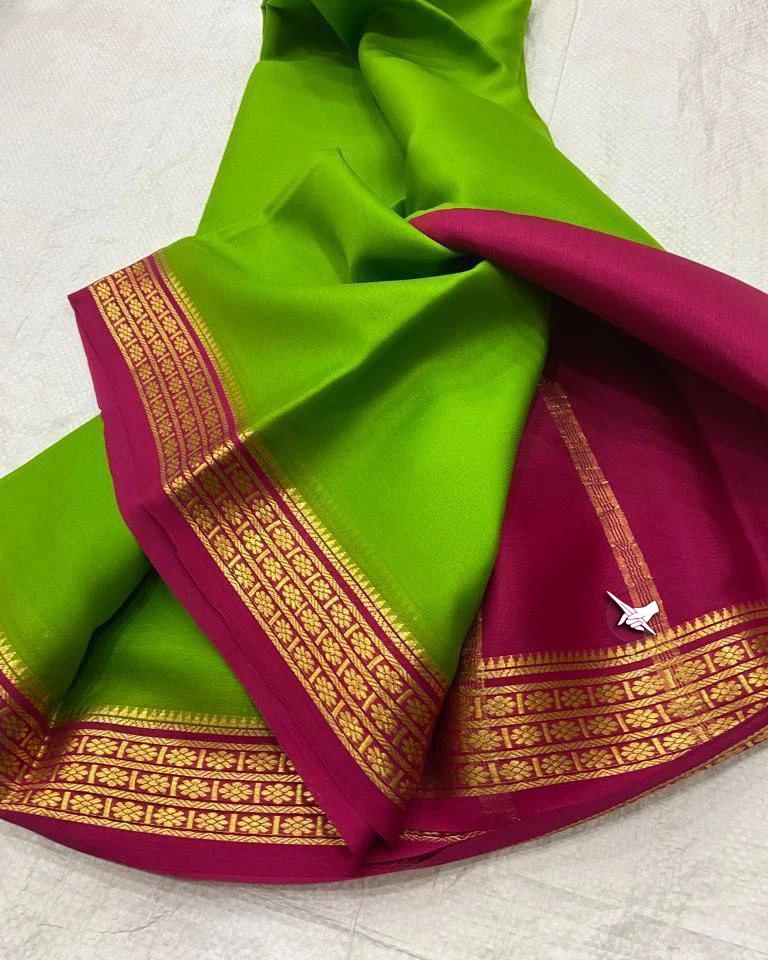 Exclusive Zari Border Light Green nd Pink Plain Mysore Silk Saree