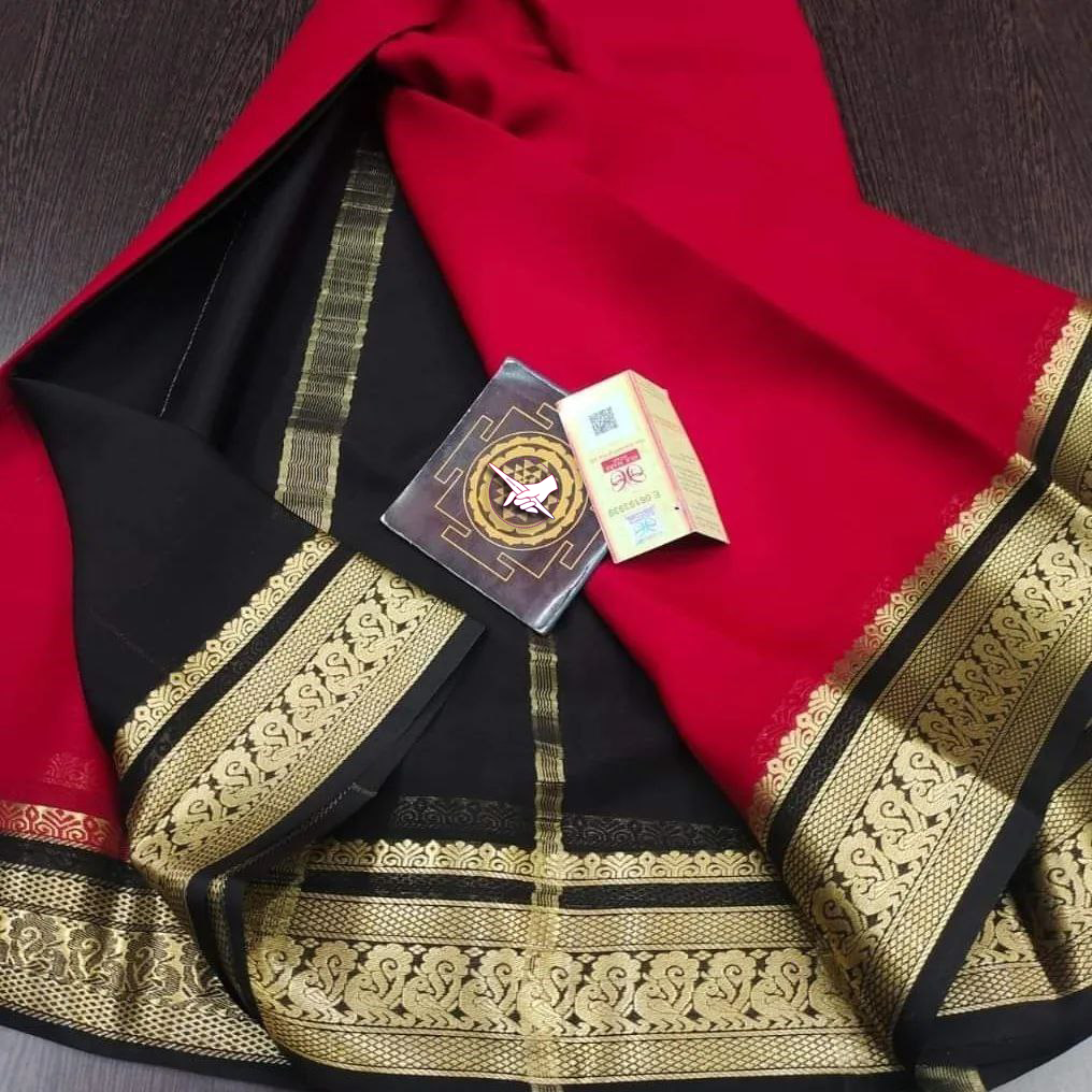 Exclusive Zari Border Silver Red With Black Colour Plain Mysore Silk Saree