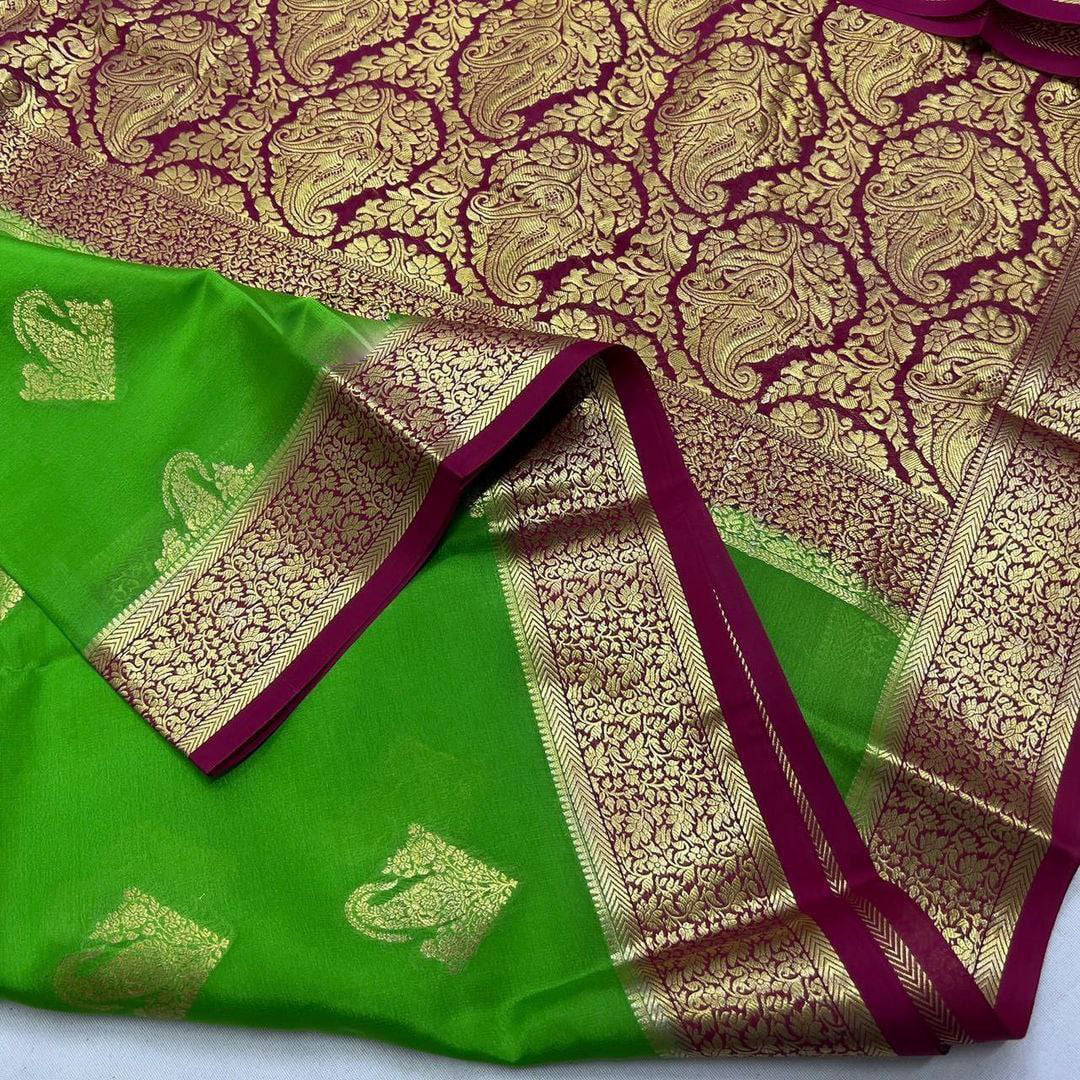 Premium Pure crepe mysore silk sarees With beautiful Zari weaving motifs for Weddings & Festive Wear