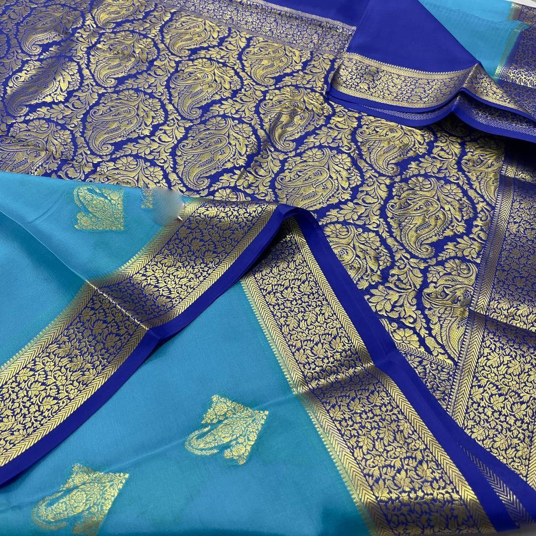 Pure crepe mysore silk sarees With beautiful Zari weaving motifs