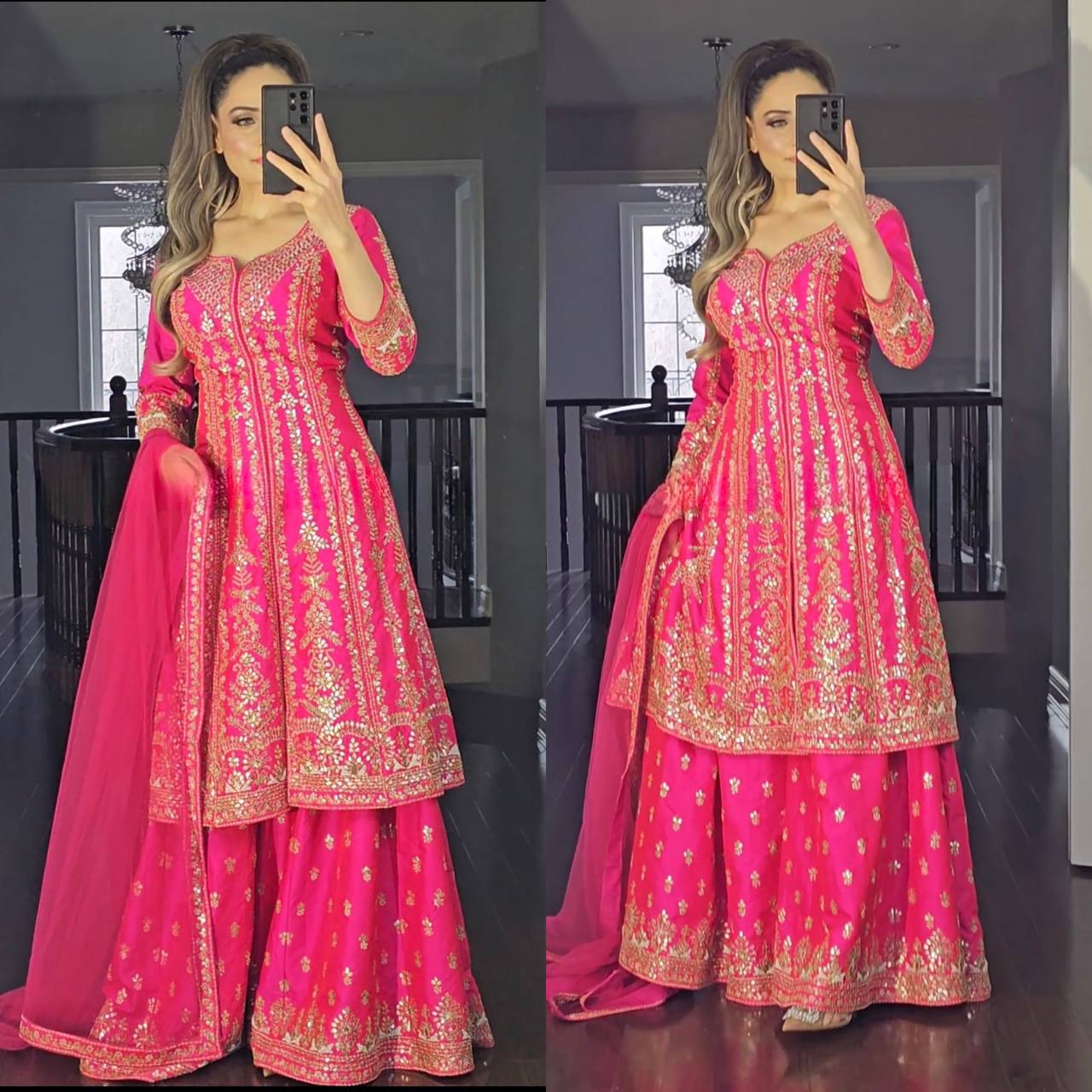 Rani Pink Top Sharara Plazzo Dupatta Suit Set for women