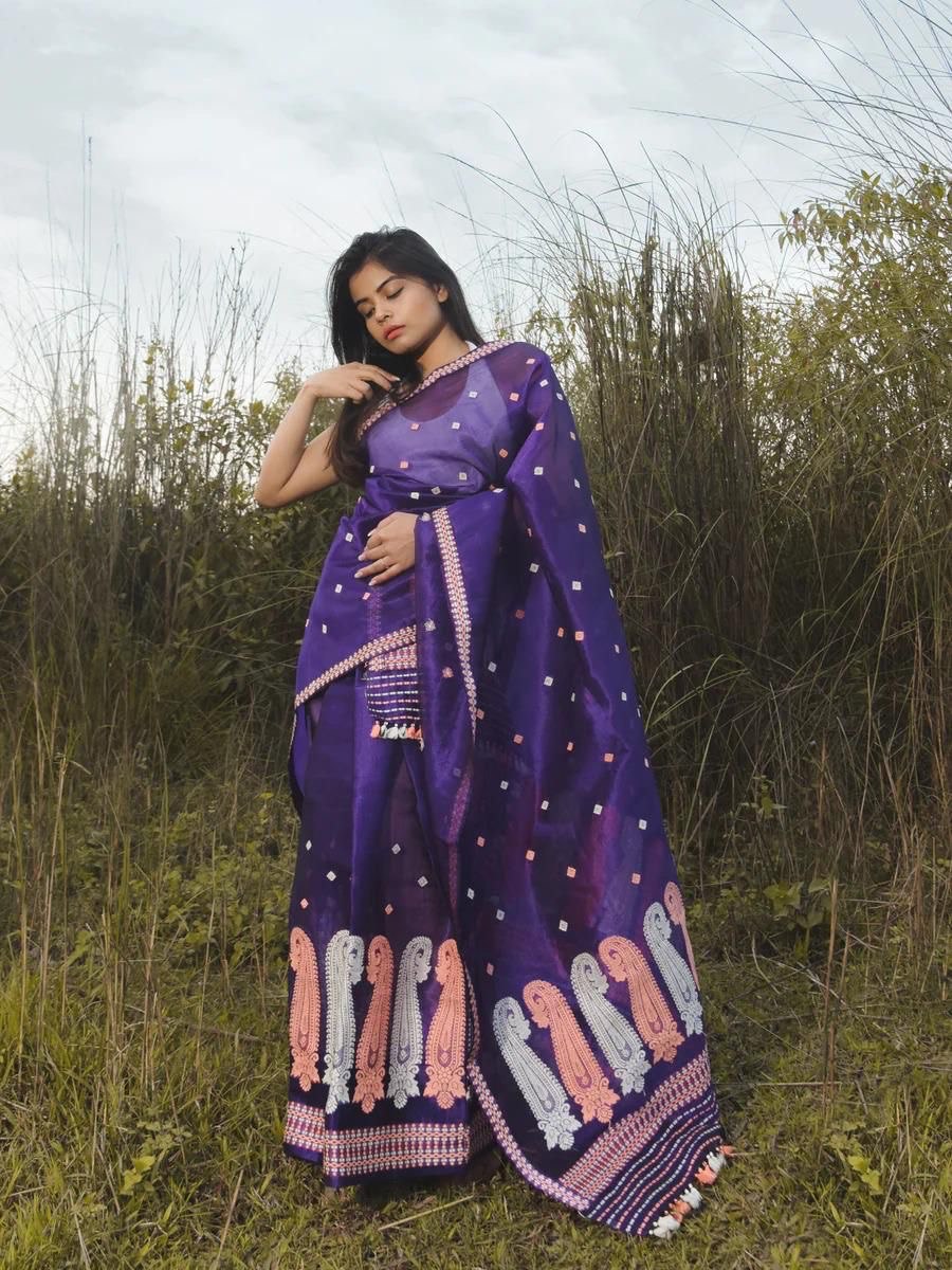 litchi silk copper weaving saree with printed blouse