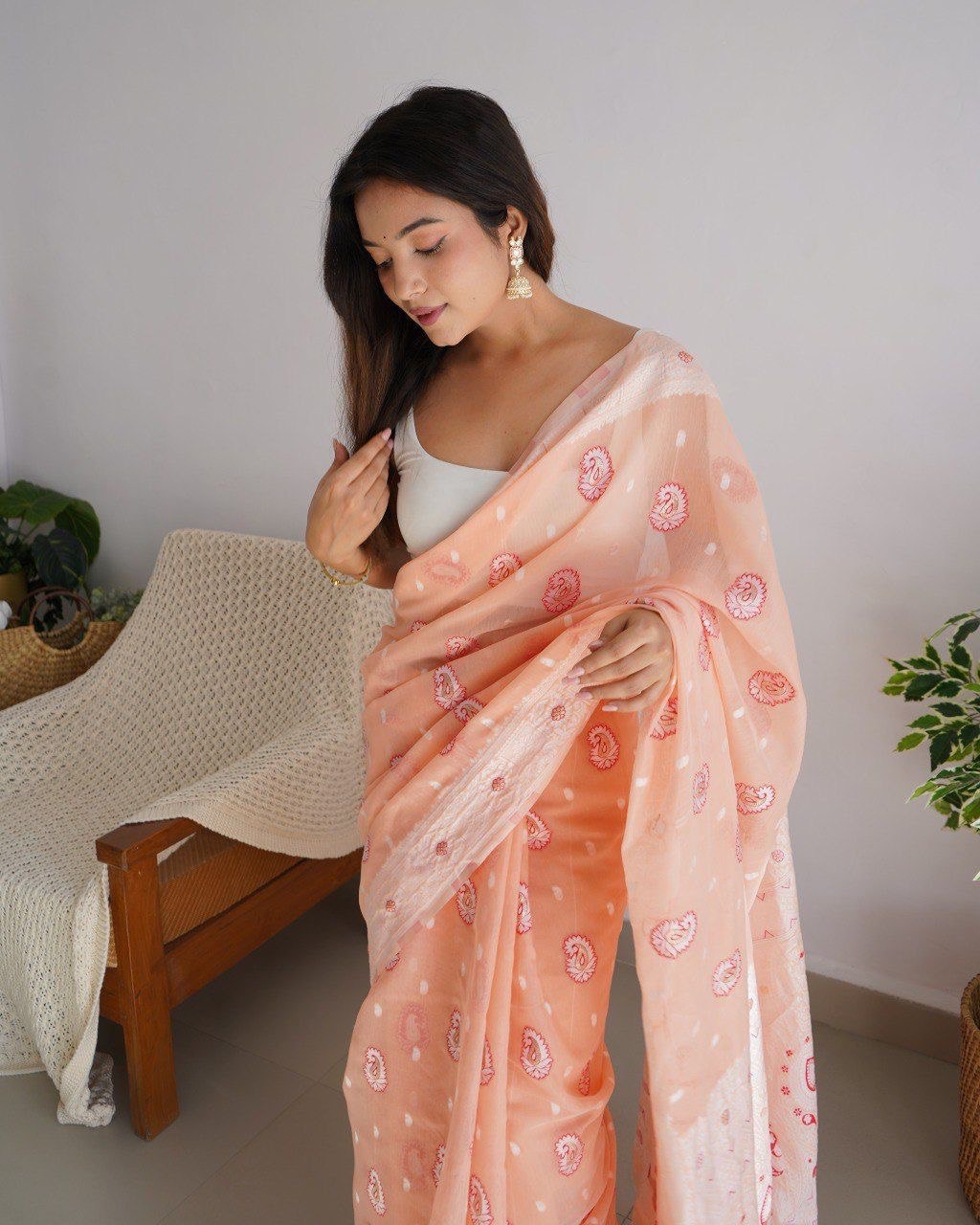 orange soft silk lakhnavi saree