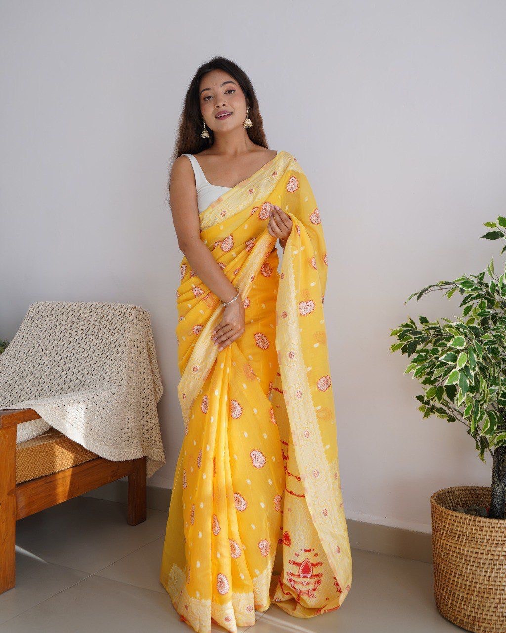 yellow haldi lilan silk saree for women