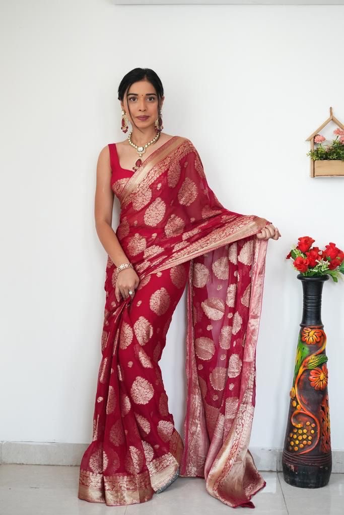red soft cotton ready to wear bollywood saree