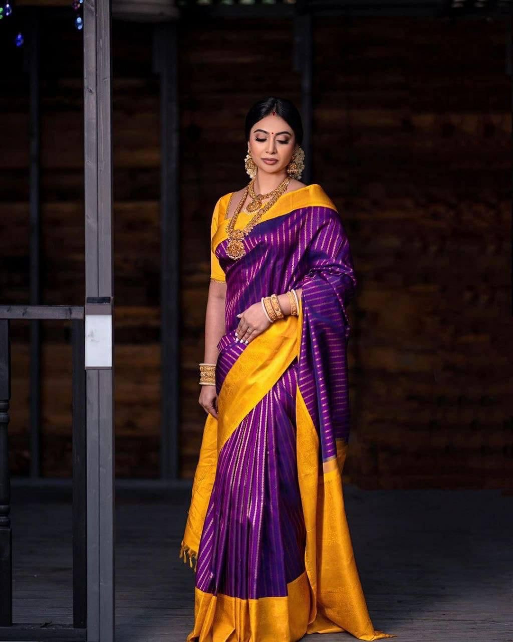 Jacquard Gold Zari Soft Silk Purpule Saree