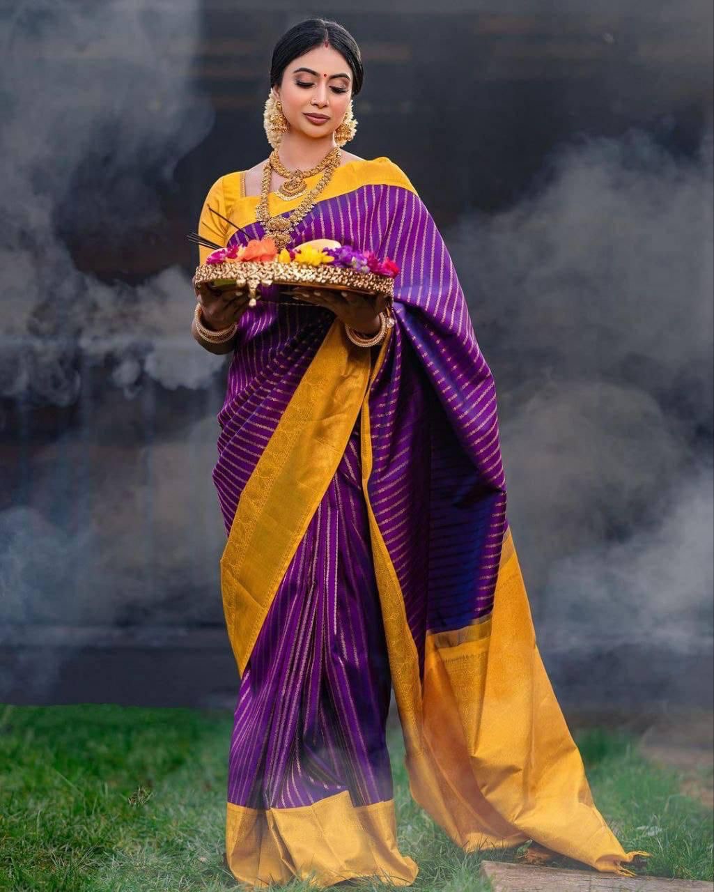 Jacquard Gold Zari Soft Silk Purpule Saree