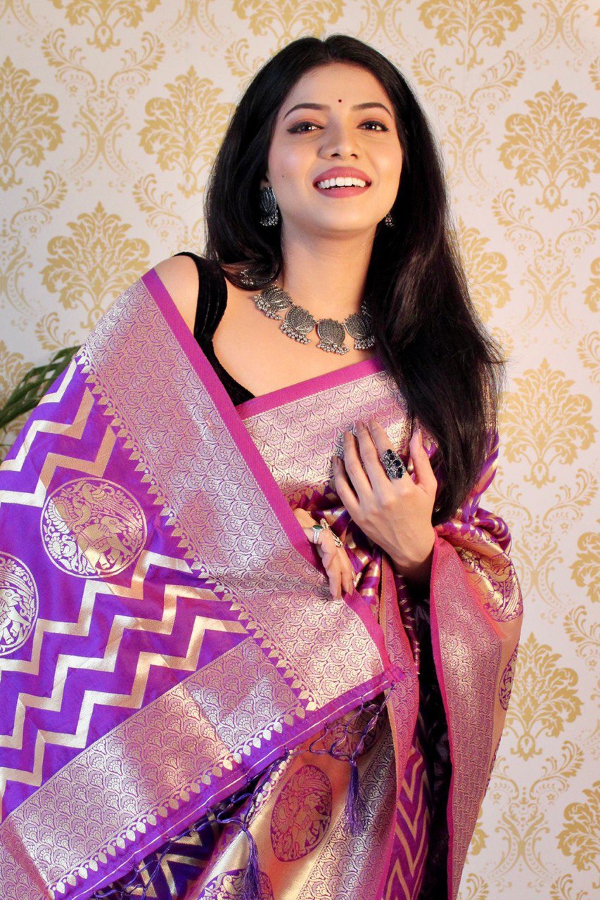 Royal Plum Pure Zari Copper Weaving Soft Silk Saree