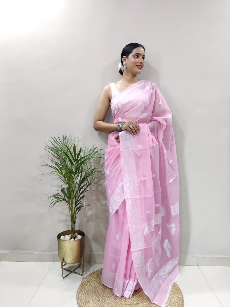 pink soft cotton festival special jamdani saree