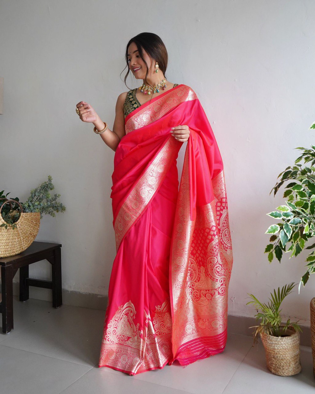 Rani Dark Red Wedding Soft Silk Banarasi Saree