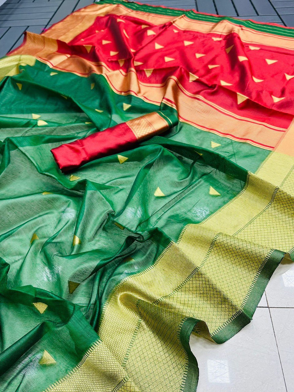 green & red cotton saree