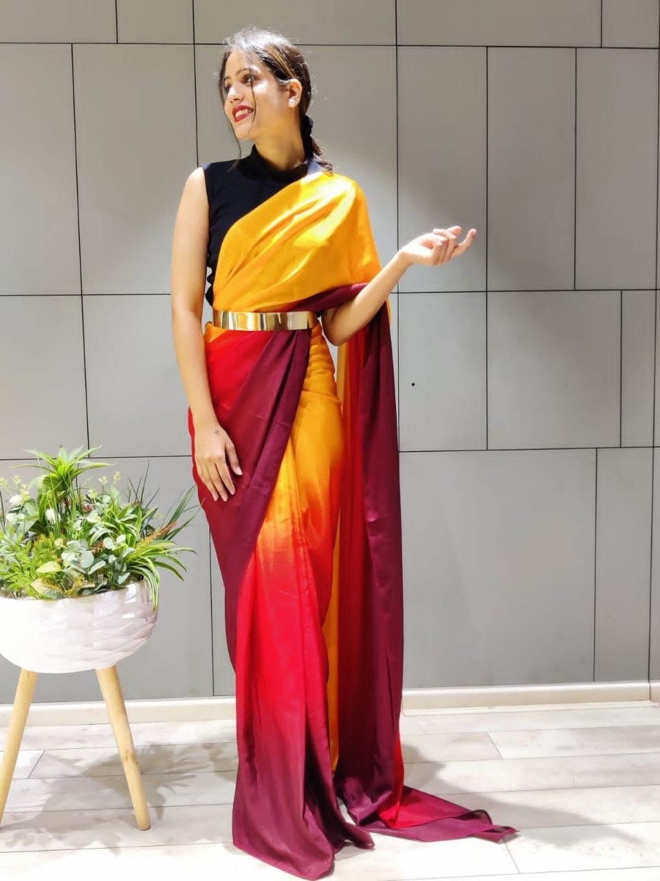 yellow beautiful bollywood chion fabric saree
