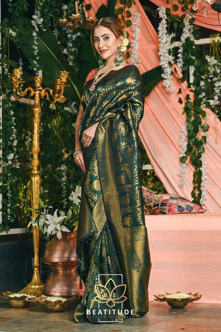 dark green soft silk kadwa technique saree