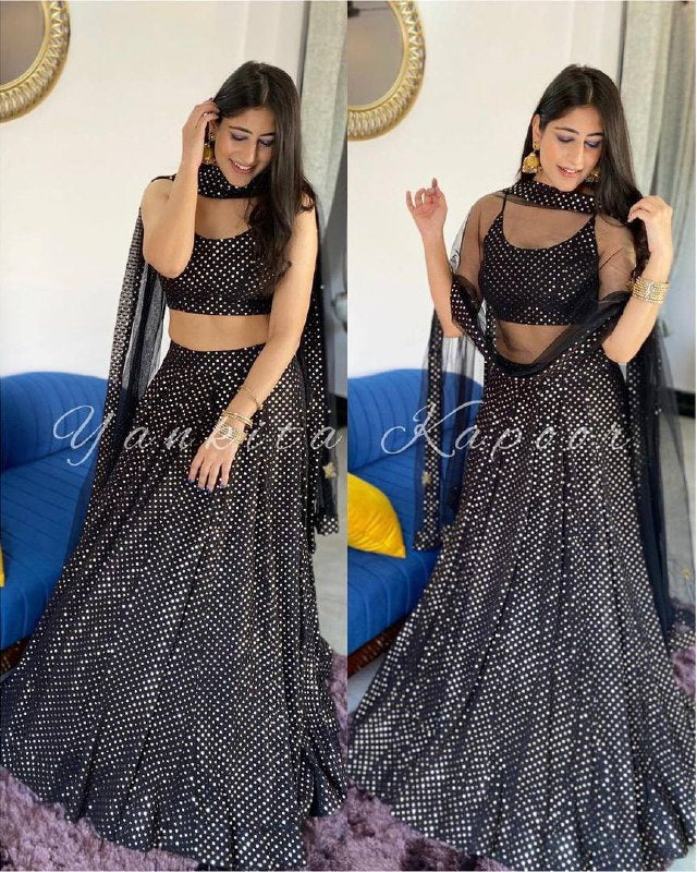 Black Designer Partywear Embroidered Work Malay Satin Material Bridesmaid Lehengas