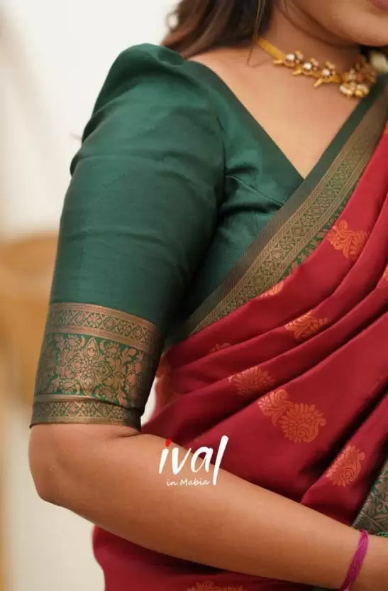 Burgundy Floral Pattern Banarasi Soft Silk Saree