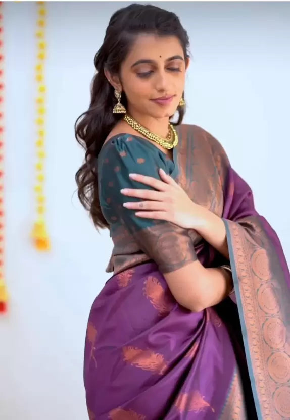 Purple Color Zari Woven Soft Lichi Silk Saree with Unstitched Blouse