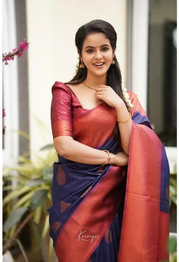 blue and maroon jacquard soft lichi saree