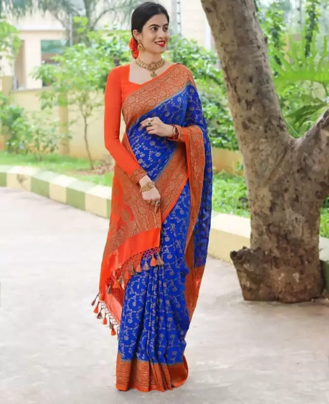 Elegant Blue Soft Silk Banarasi Saree with Eye-catching Tassels Detail
