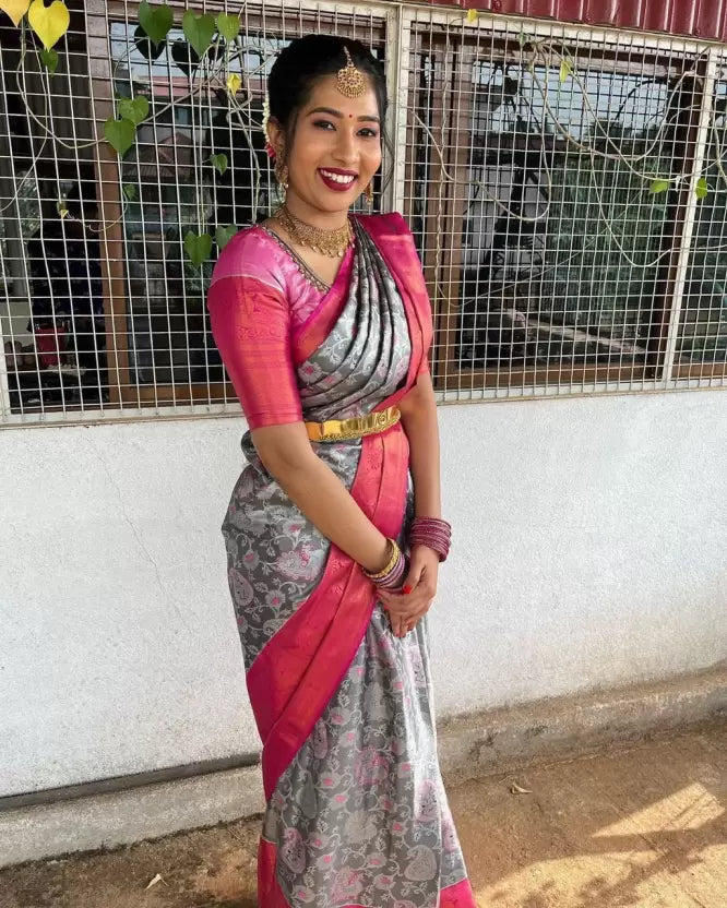 Sophisticated Grey Banarasi Saree Adorned with Intricate Embroidery Work