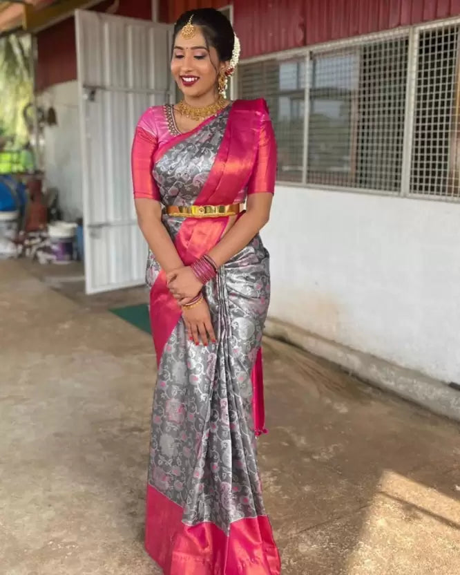 Captivating Grey Banarasi Saree Featuring Attractive Embroidered Designs