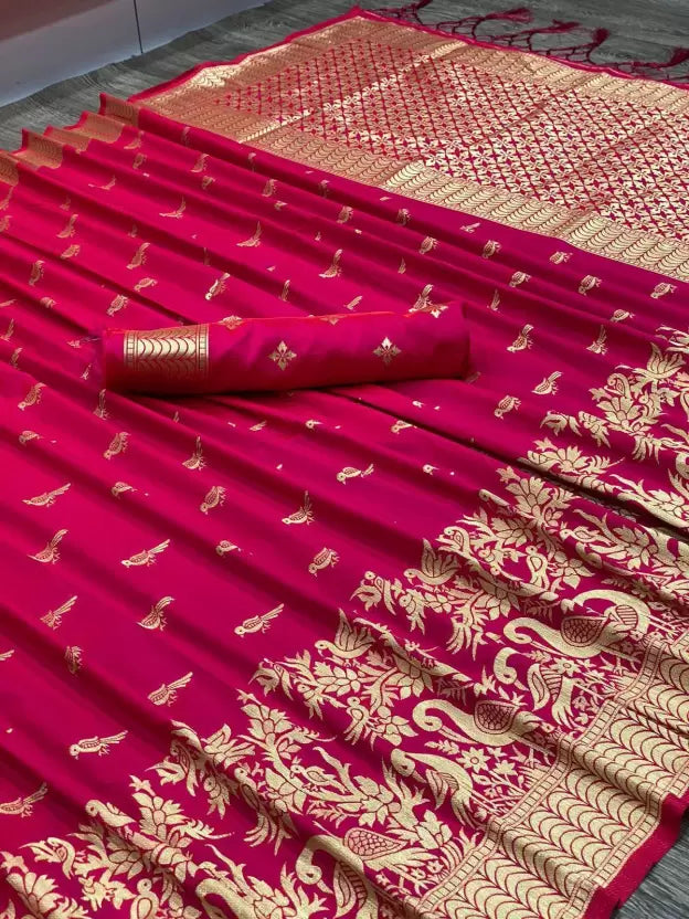 Handcrafted Banarasi Saree showcasing elaborate golden zari patterns