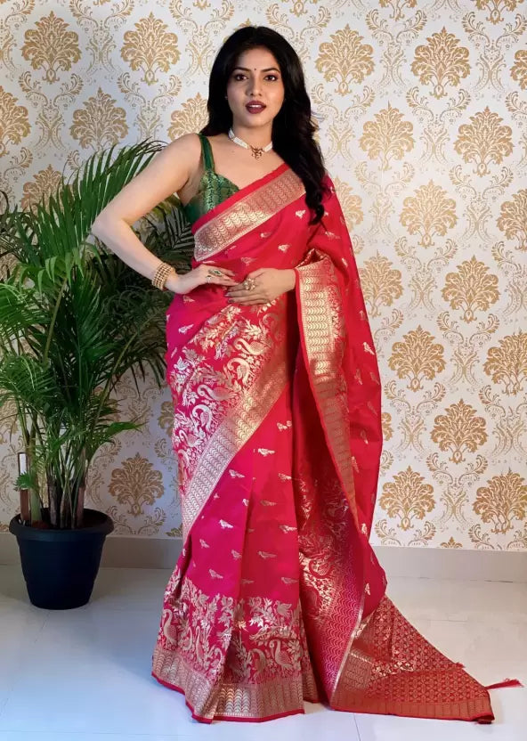 Elegant Banarasi Saree crafted from Pure Silk featuring stunning golden zari patterns