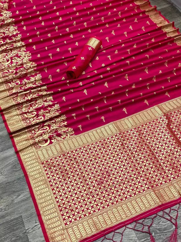 Detailed view of the beautiful golden zari design on a Banarasi Pure Silk Pink Saree