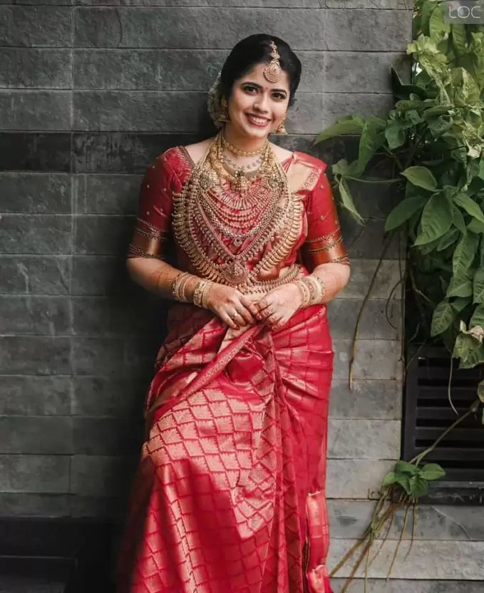 red zari weaving art silk saree for wedding