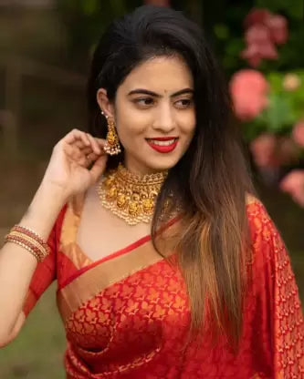 Elegant Crimson Banarasi Cotton Blend Jacquard Saree with Zari Detailing
