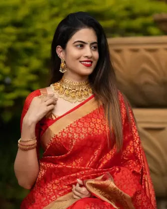 Luxurious Ruby Red Banarasi Jacquard Saree with Intricate Zari Work