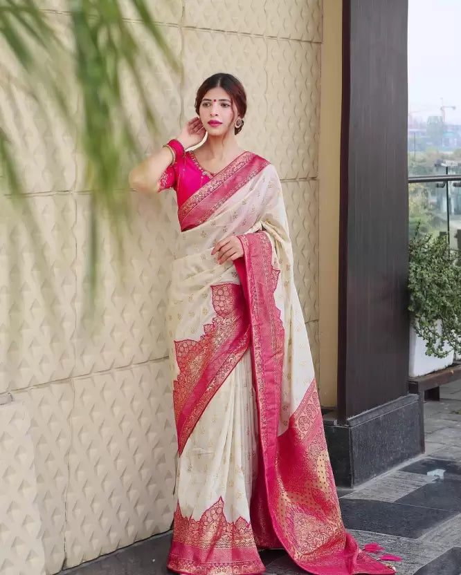 pink pure jacquard saree with attractive tassels