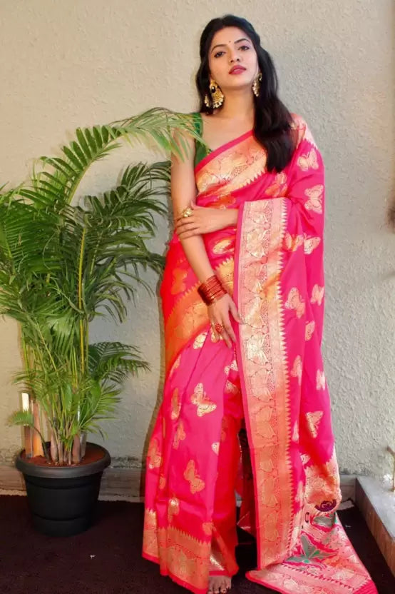 Timeless Glamour: Pink Heavy Zari Weaving Pure Banarasi Silk Saree, Elevating Traditional Grace