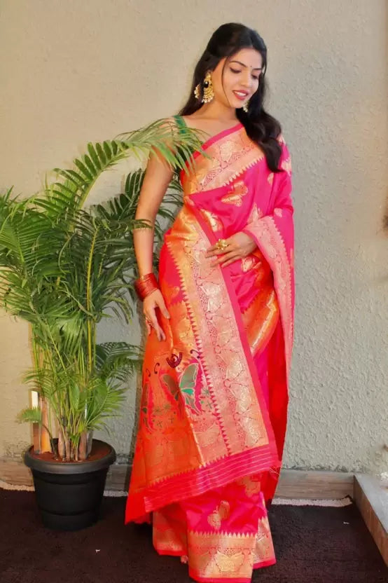 Regal Elegance: Pink Heavy Zari Weaving Pure Banarasi Silk Saree, Exuding Royal Charm