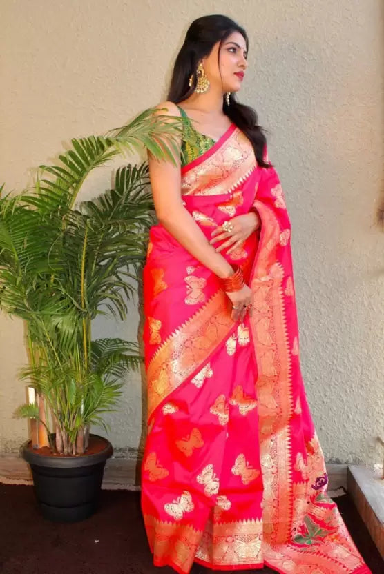 Divine Radiance: Pink Heavy Zari Weaving Pure Banarasi Silk Saree, Illuminating Every Occasion with Grace