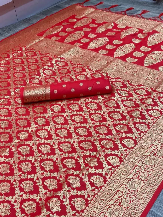 Detailed view of the beautiful tassel work on a Banarasi Pure Art Silk Saree