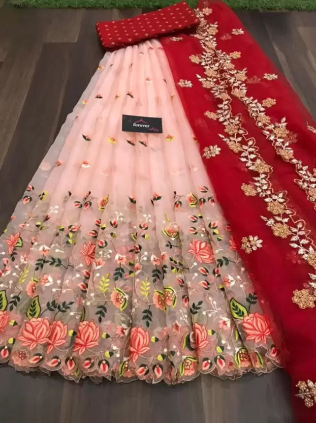 red net embroidered semi stitched lehenga choli