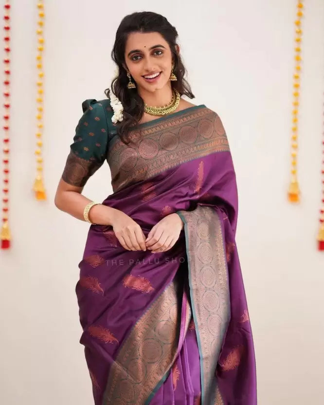 Purple Color Zari Woven Soft Lichi Silk Saree with Unstitched Blouse