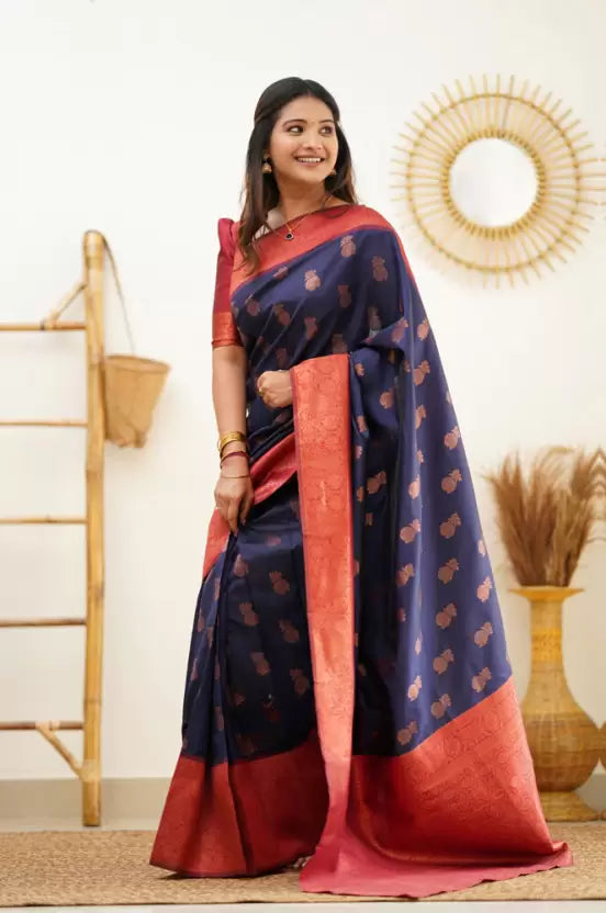 Woven Kanjivaram Jacquard, Pure Silk Saree (Dark Blue)
