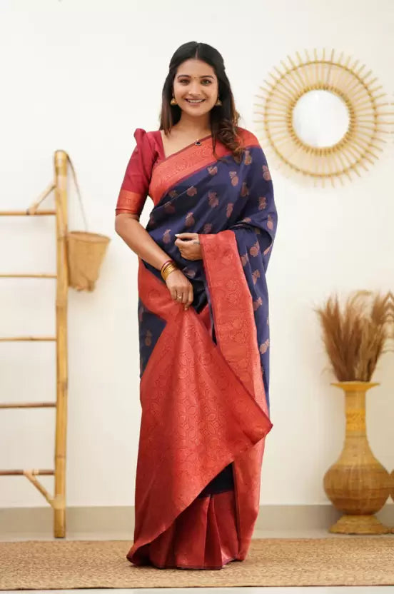 Woven Kanjivaram Jacquard, Pure Silk Saree (Dark Blue)