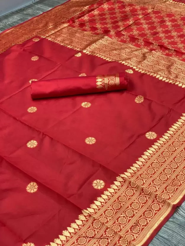 Red Color Floral Design Woven Kanjivaram Jacquard Silk Saree by Vootbuy