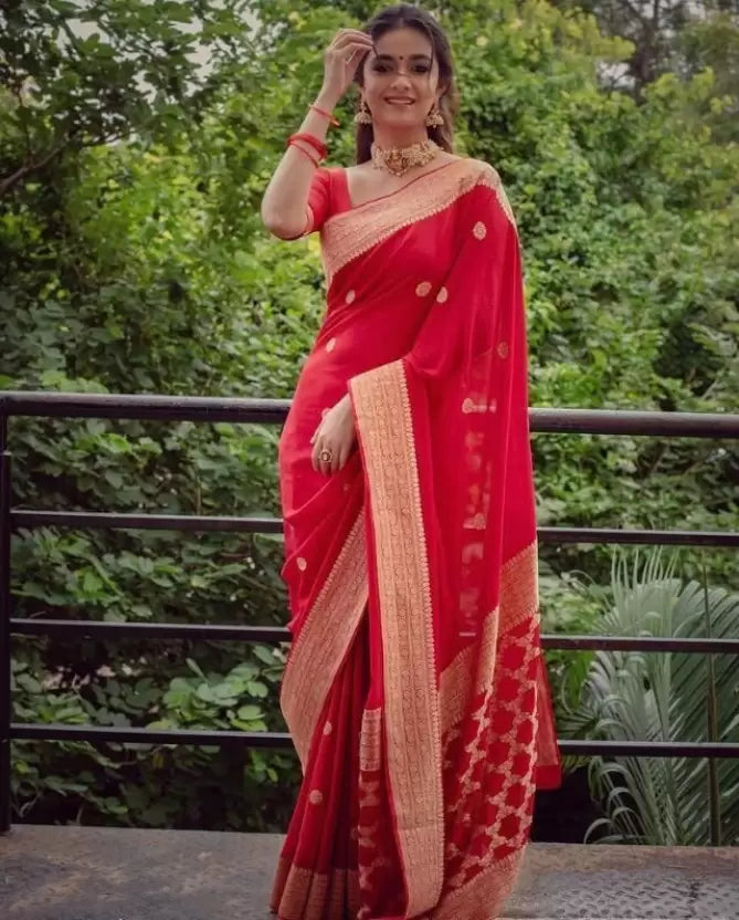 Red Color Floral Design Woven Kanjivaram Jacquard Silk Saree by Vootbuy