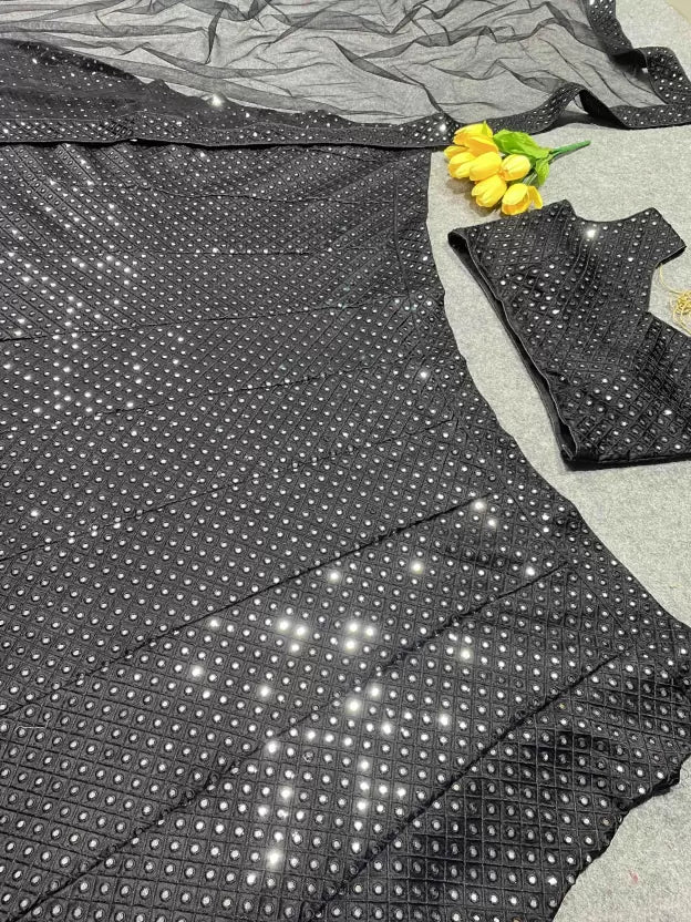 Black Designer Partywear Embroidered Work Malay Satin Material Bridesmaid Lehengas