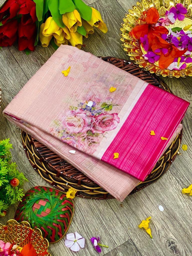 pink color saree with zigzag border