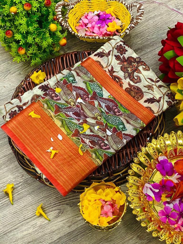 orange and white linen febric saree