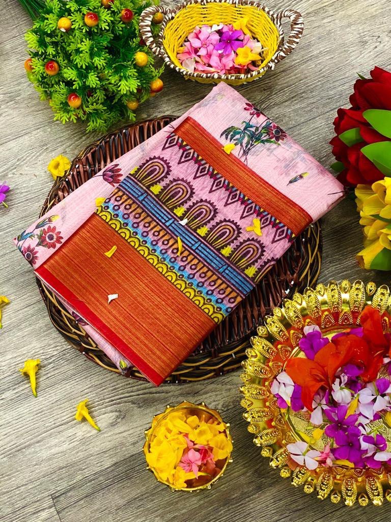 pink and orange digital printed linen saree