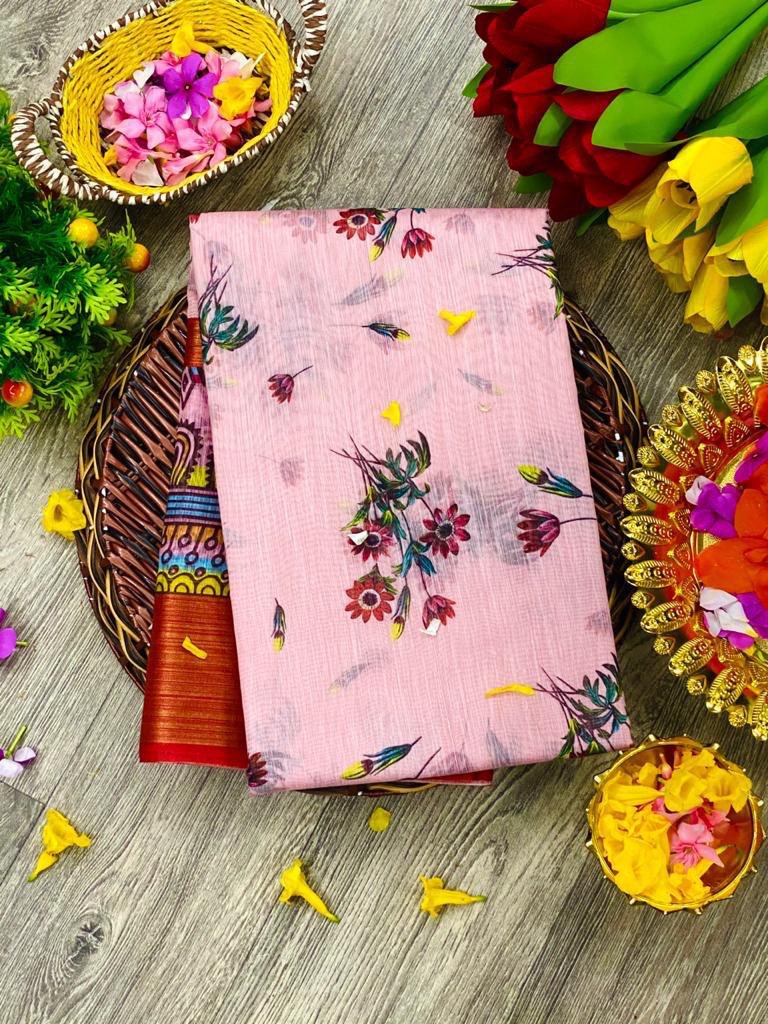 linen pink color saree for women