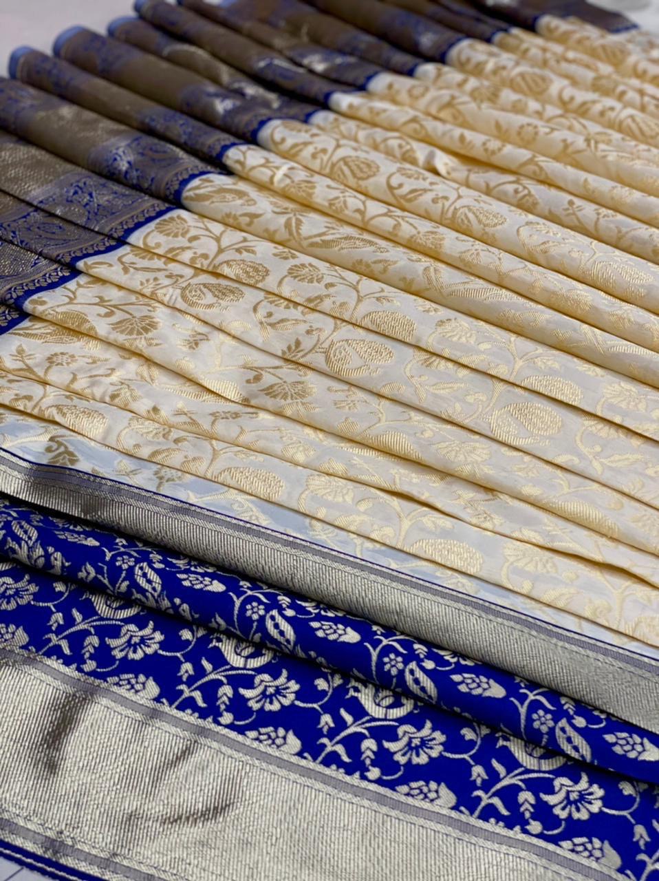 gold and blue designer soft silk saree