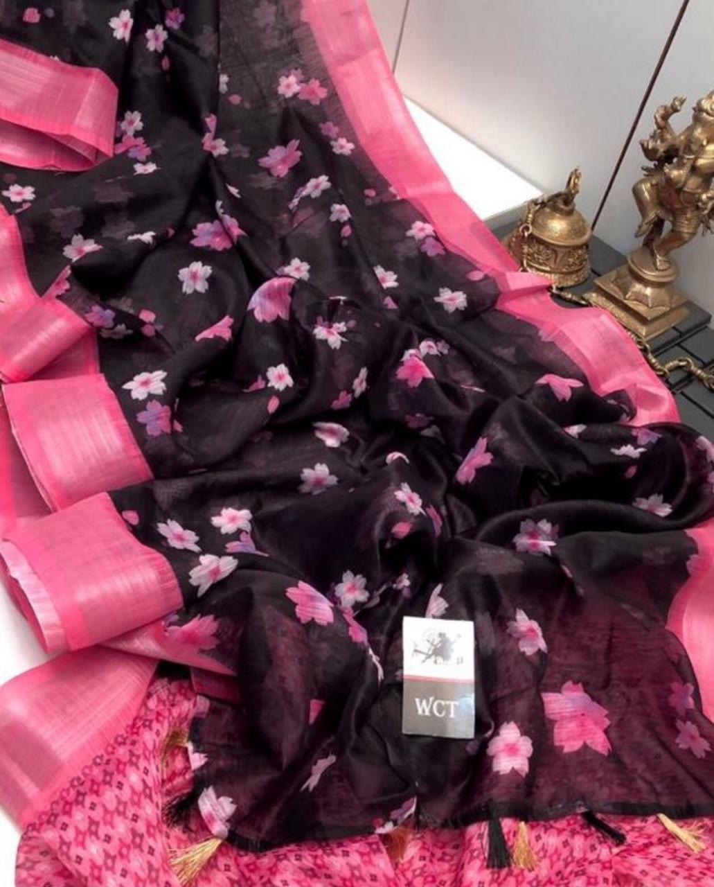 black digital printed silk saree