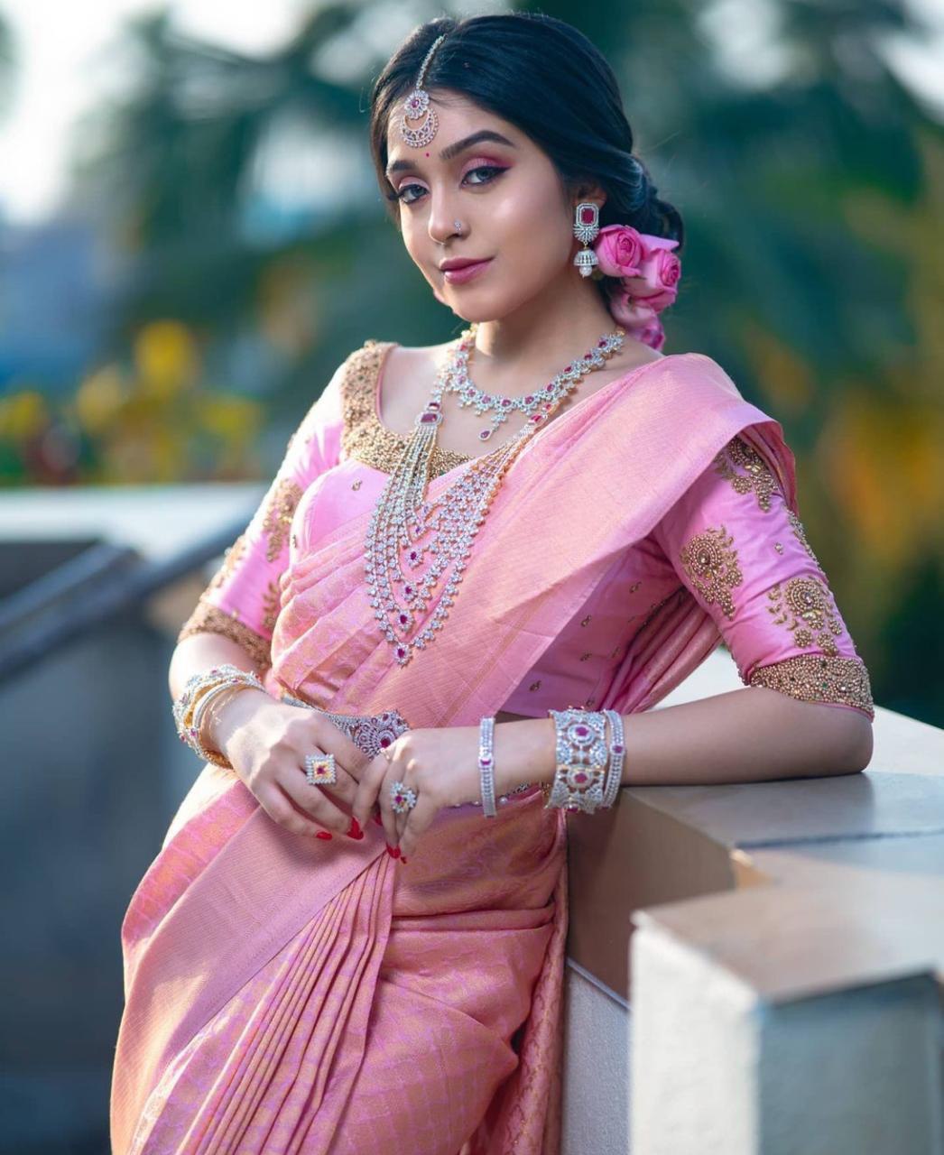 Radiant Pink Soft Silk Banarasi Saree: A Bridal Masterpiece