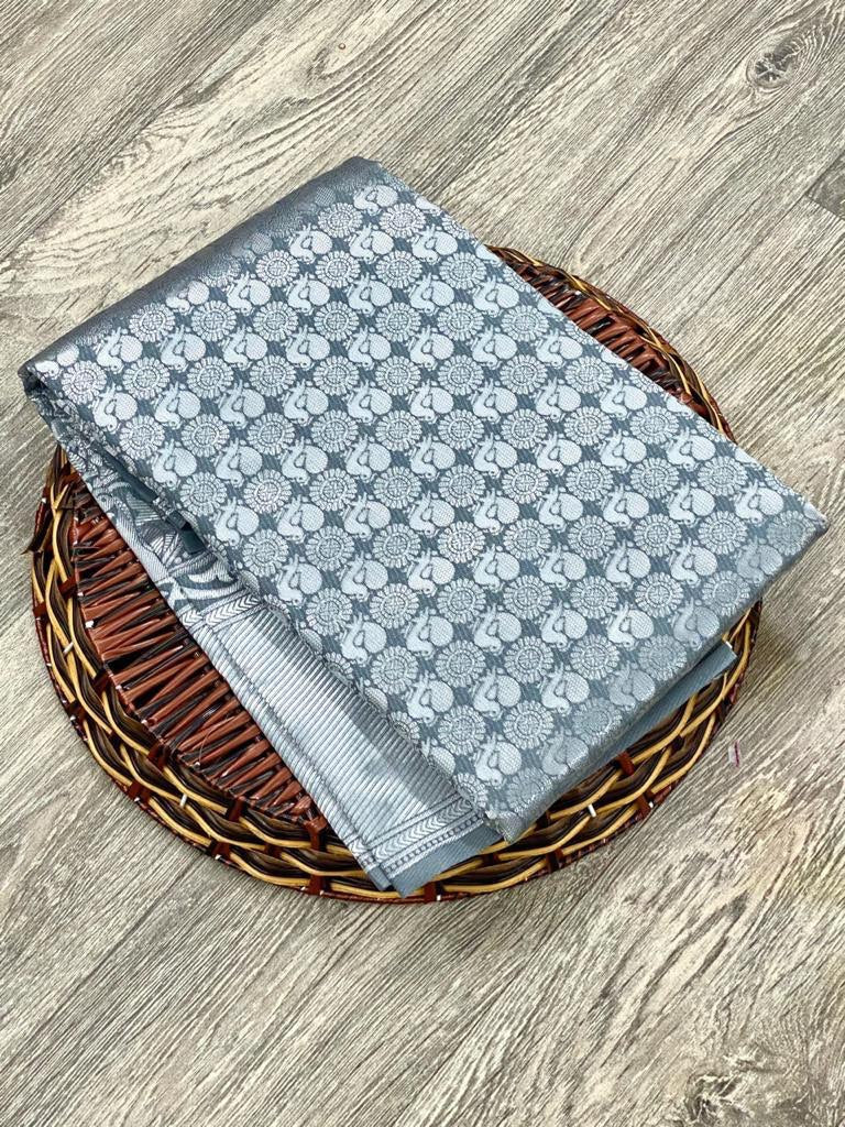 grey kanchipuram soft silk saree for festive wear